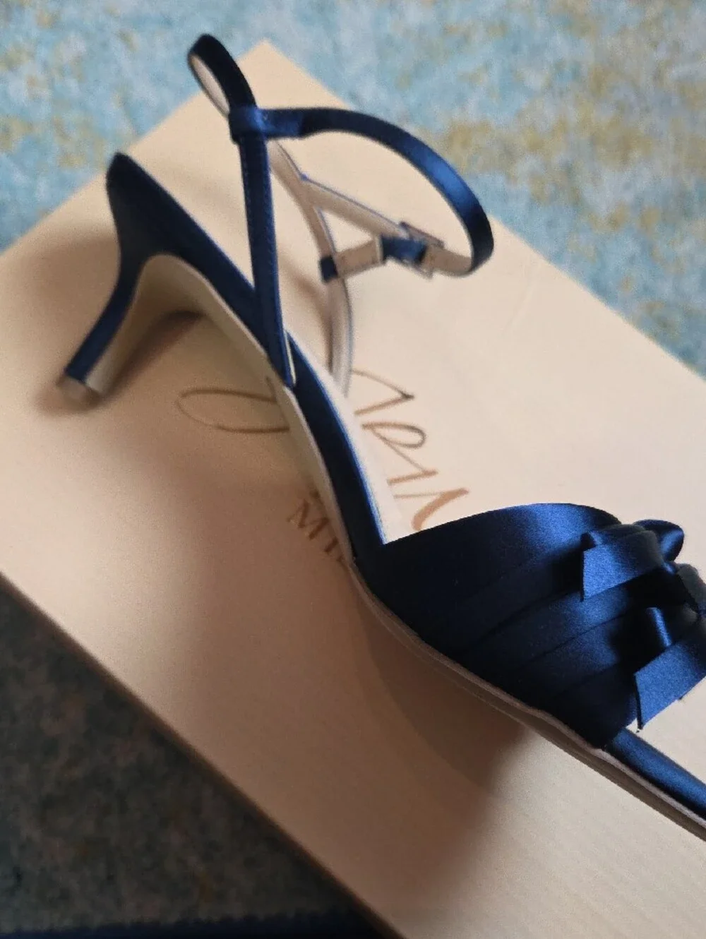 Badgley Mischka Navy Satin Bow-Embellished Slingback Heel - Picture 2 of 5